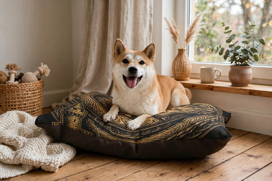 A small dog resting on the Fafnir Asleep pet bed by a window, showing the gold coiled dragon print.