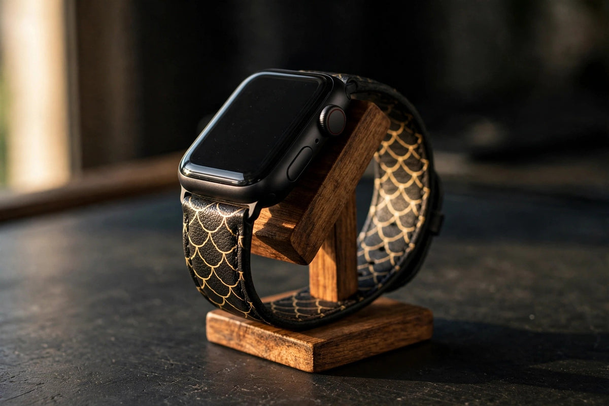 Fáfnir Scale Apple Watch strap on a wooden watch stand