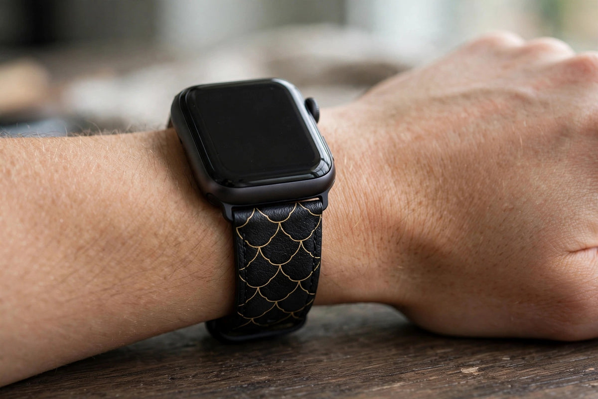 Fáfnir Scale Apple Watch strap worn on a wrist