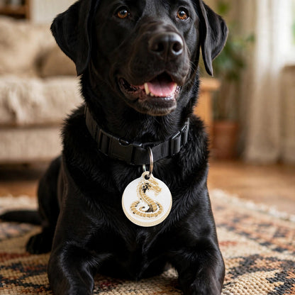 Black Labrador at home wearing the Fáfnir Head Mark pet ID tag on a black collar
