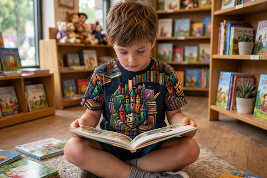 Boy wearing the Blockhouse Fantasy Book Castle all-over print tee, reading in a bookstore