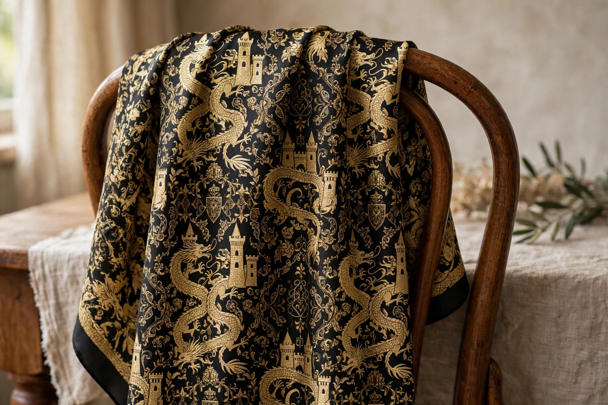 Firewall Silk Scarf with dragon and castle print
