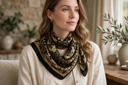 Woman wearing the black and gold dragon and castle Firewall silk scarf indoors