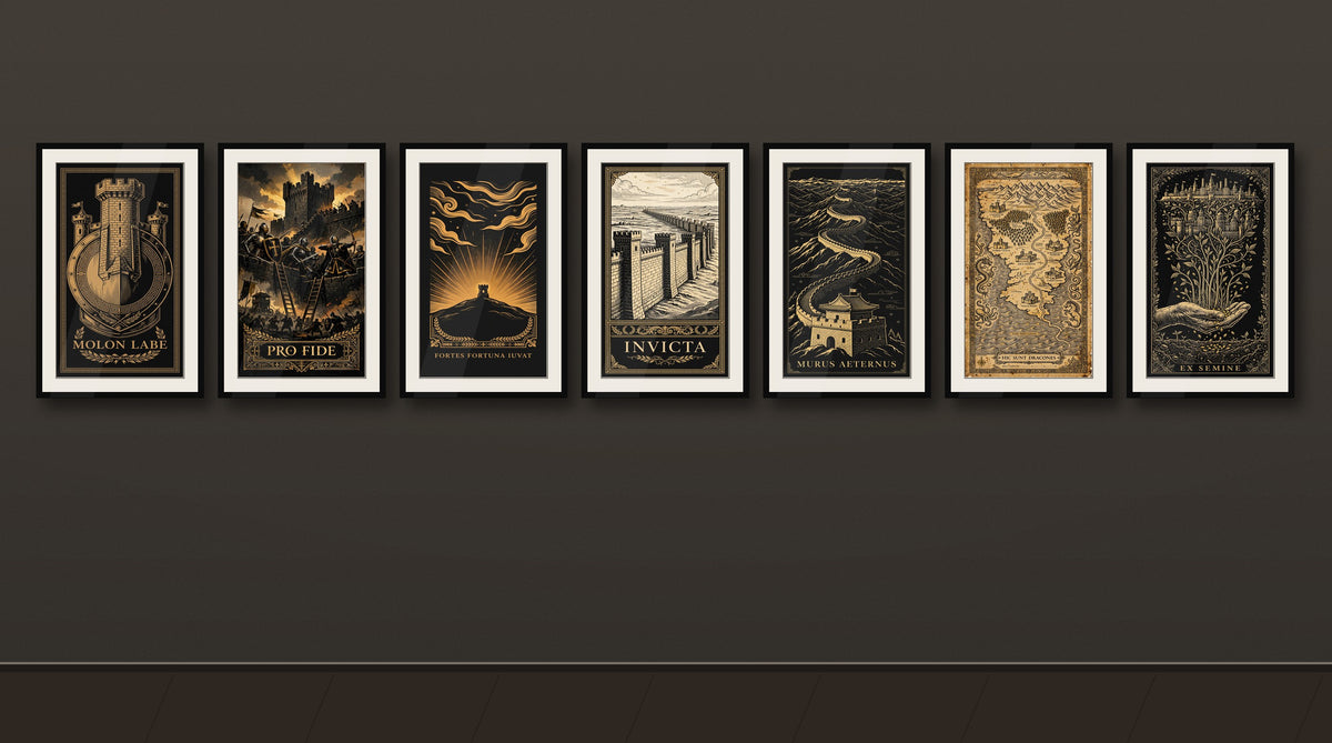 The Fortress Collection — all seven framed prints hung together as a gallery wall
