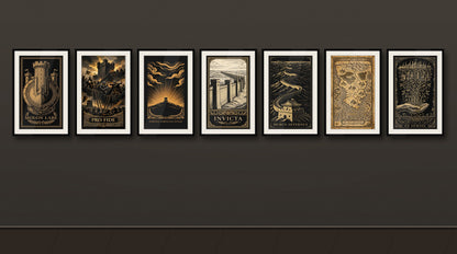 The Fortress Collection — all seven framed prints hung together as a gallery wall