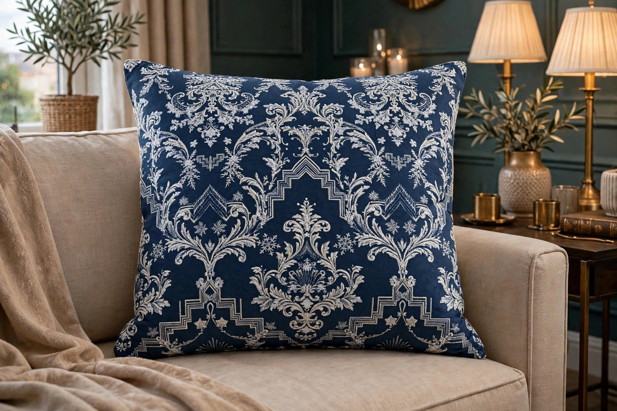 Fortress cushion in navy and white Winter Palace damask, flat-printed on smooth fabric, on a beige sofa in a lamp-lit living room