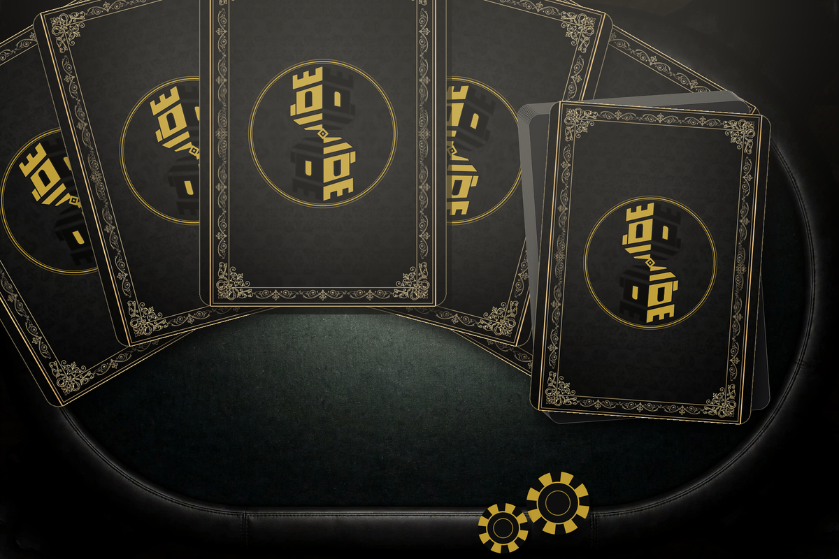 Fortress Deck playing cards displayed with the black and gold two-way tower card back and custom faces