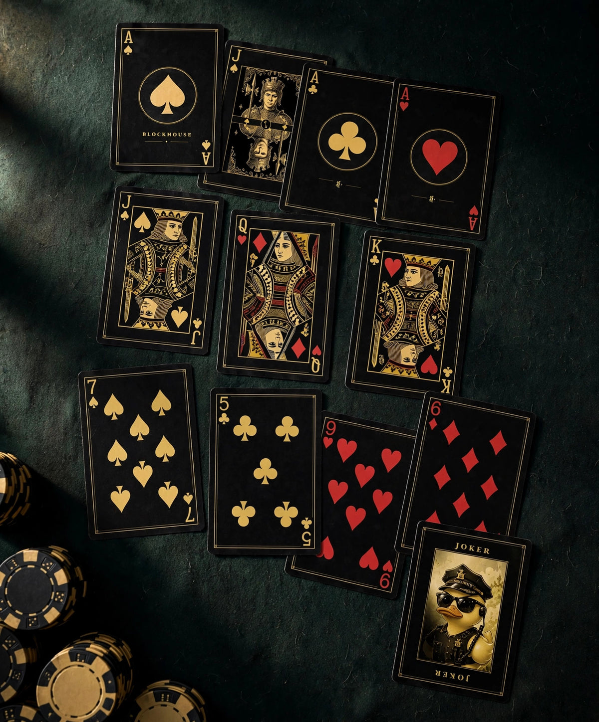 Fortress Deck card faces laid out on a poker table — custom court cards, aces, and the security-guard duck jokers