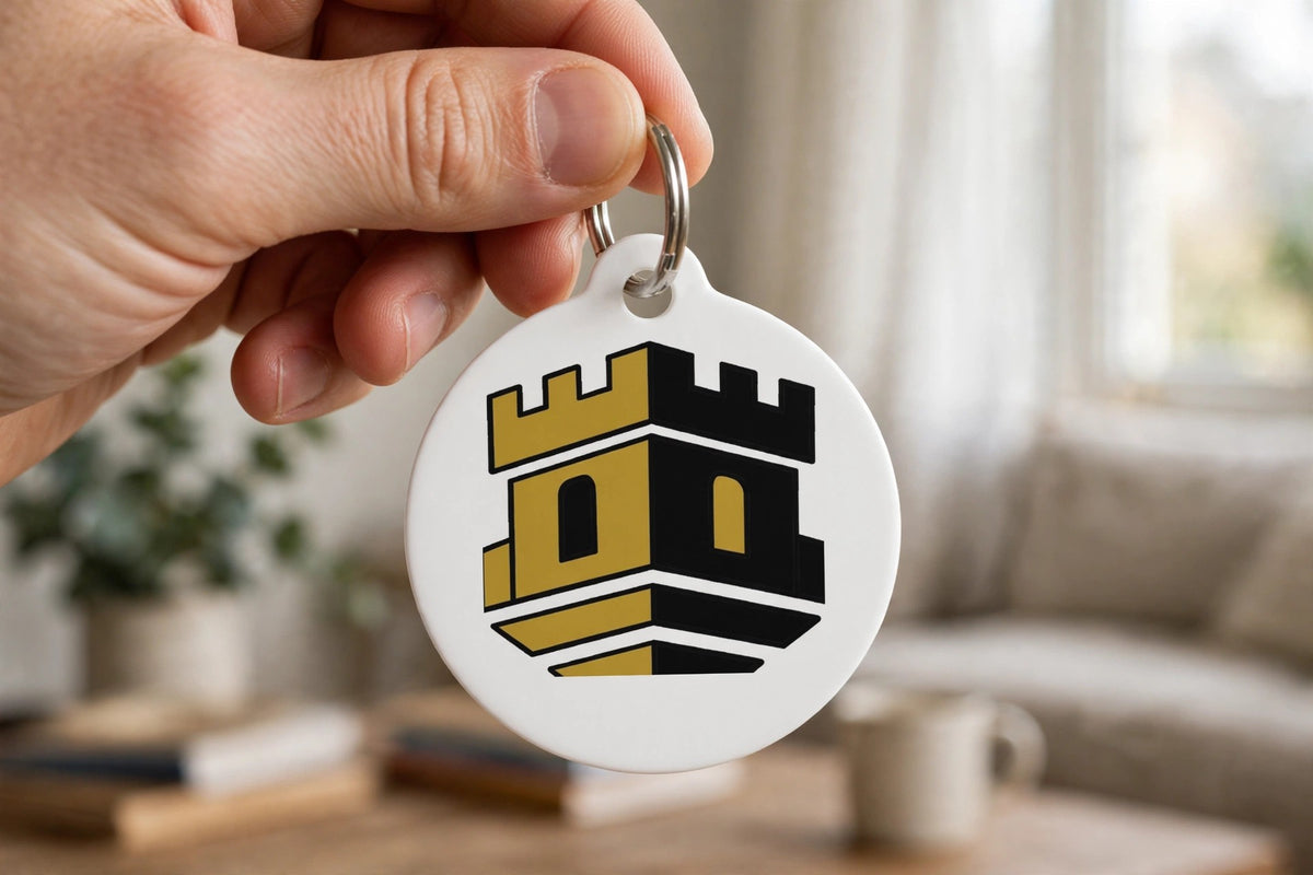 A hand holding the Fortress ID tag up close, showing the black and gold tower design.