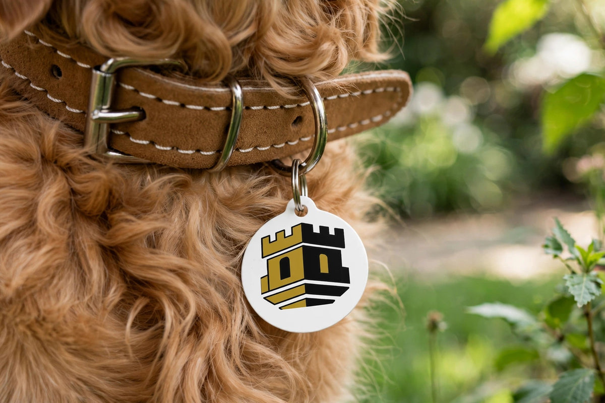 The Fortress ID tag hanging from a dog collar on a dog outdoors, showing the black and gold tower design.