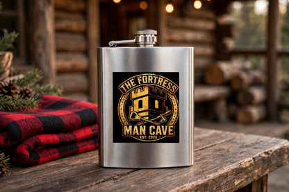 Fortress Man Cave stainless steel flask on a cabin table beside a plaid blanket, gold tower badge with EST. 2026