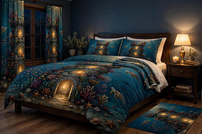 The Fortress Reef complete bedroom set in a bedroom seen from a closer angle, with the printed duvet, pillow shams, curtains and rug