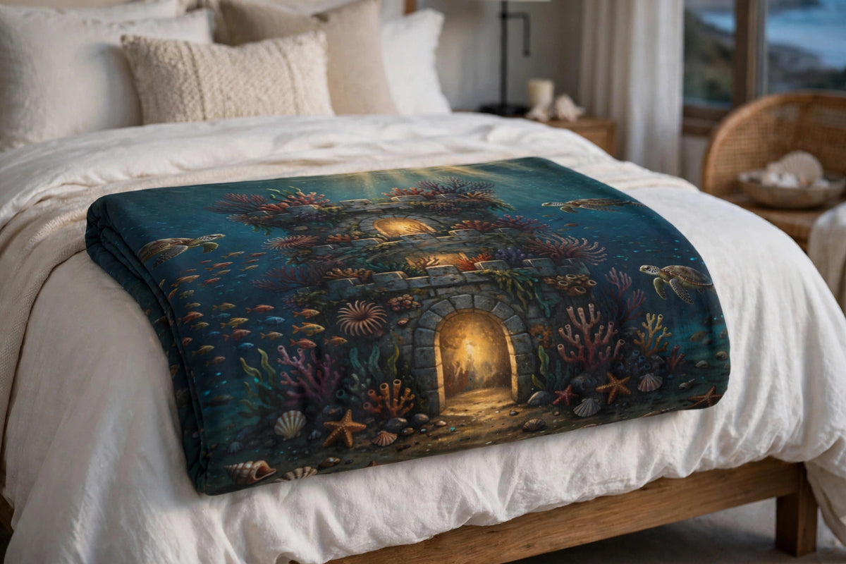 Fortress Reef blanket with underwater tower artwork folded at the foot of a coastal bedroom bed