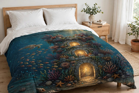 Fortress Reef duvet cover with an underwater coral tower scene on a made bed viewed from the foot of the bed