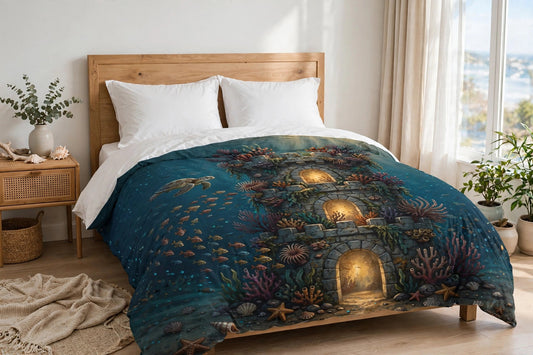 Fortress Reef duvet cover with an underwater tower scene on a made bed
