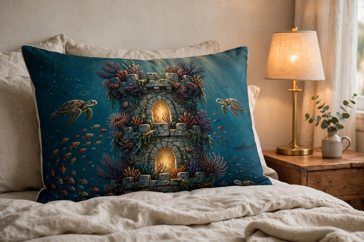 Fortress Reef pillow sham with an underwater coral tower scene propped on a made bed beside a lamp