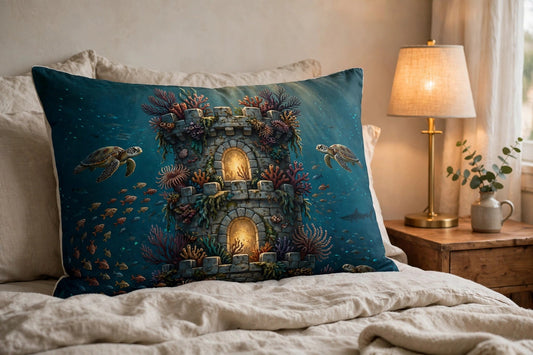 Fortress Reef pillow sham with an underwater coral tower scene propped on a made bed beside a lamp