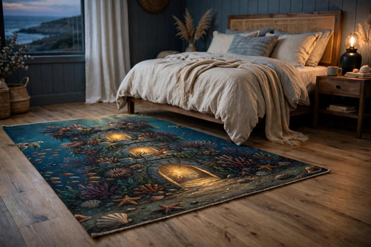 Fortress Reef flat-printed rug with underwater tower artwork beside a coastal bedroom bed, low angle