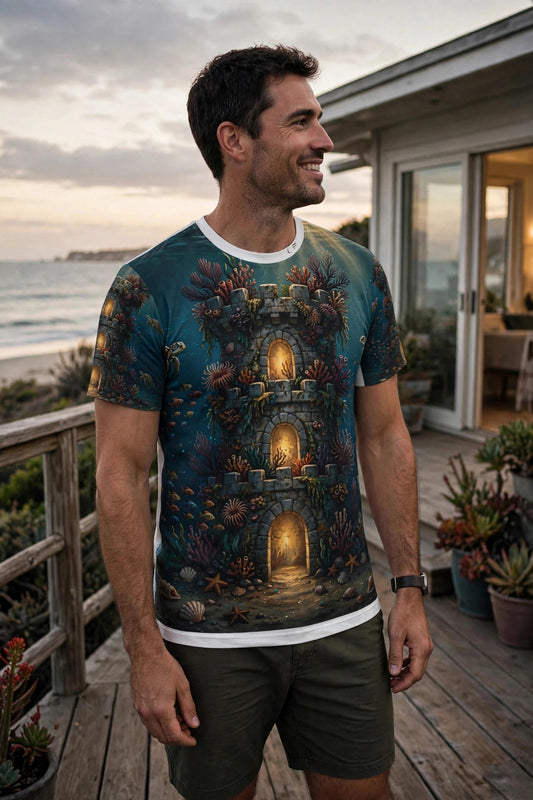 Man on a seaside deck wearing the Fortress Reef all-over print tee with underwater tower artwork, three-quarter view