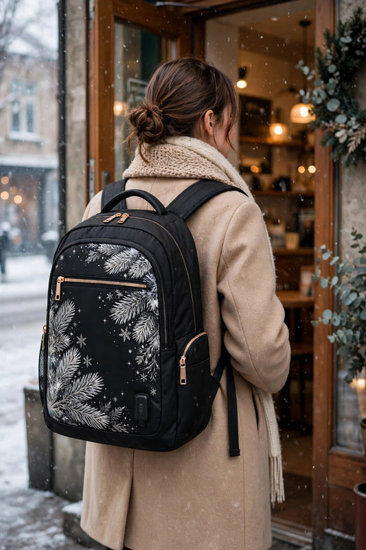 Frost Fern backpack with white frosty pine print worn by a woman entering a cafe in falling snow