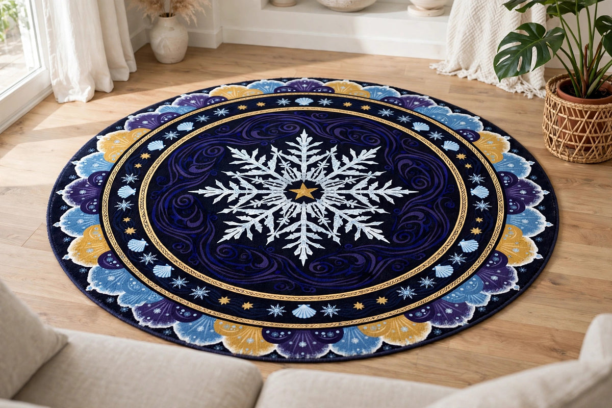 The Frost and Star round rug laid flat in a coastal living room, showing its flat printed snowflake mandala design.