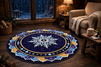 Frost & Star round rug — flat dye-sublimated print — in a lamplit cabin nook