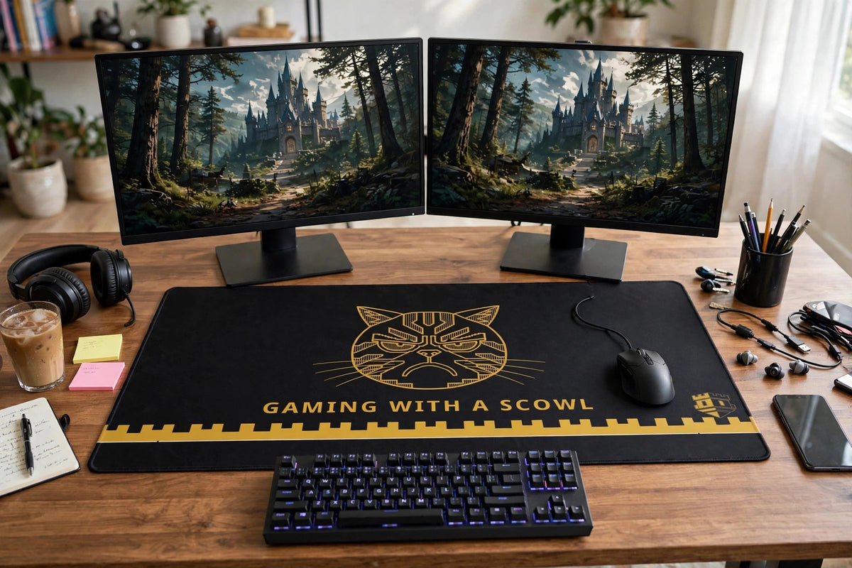 Gaming with a Scowl desk mat on a home-office desk with dual monitors, keyboard in front of the mat and the gold scowling cat design fully visible