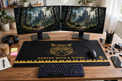 Gaming with a Scowl desk mat on a home-office desk with dual monitors, keyboard in front of the mat and the gold scowling cat design fully visible