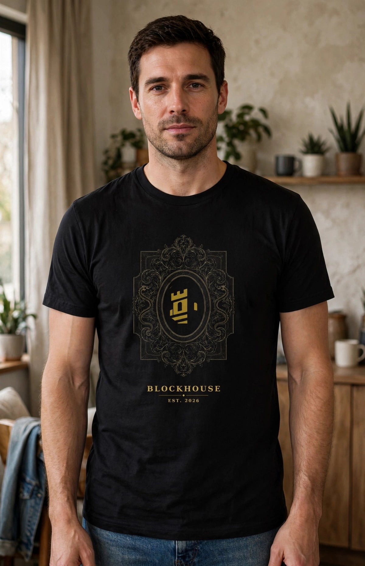 A model wearing the black Gilded Fortress premium tee indoors, with the gold fortress design centered on the chest.