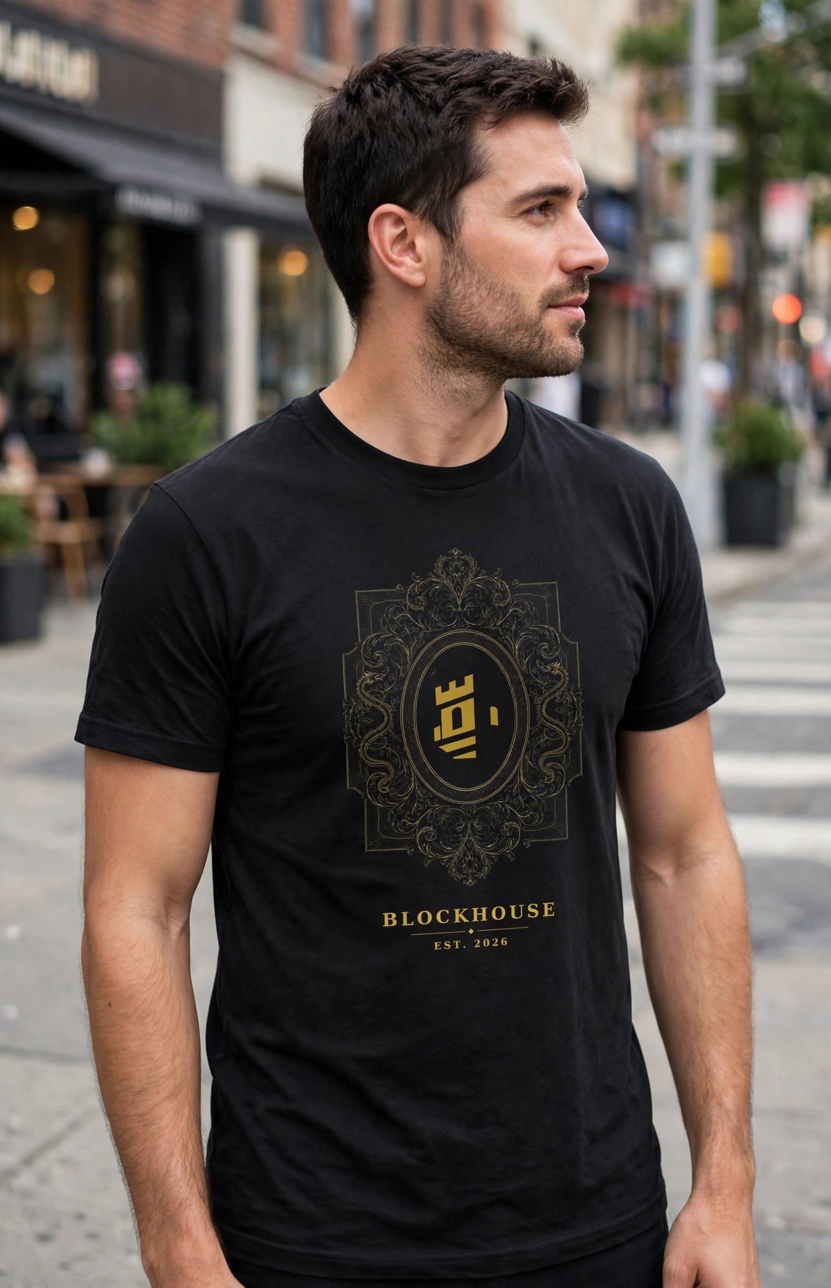 A model wearing the black Gilded Fortress premium tee outdoors, with the gold fortress design centered on the chest.