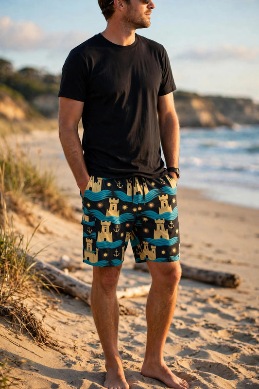 Men's board shorts with new pattern, worn at a beach