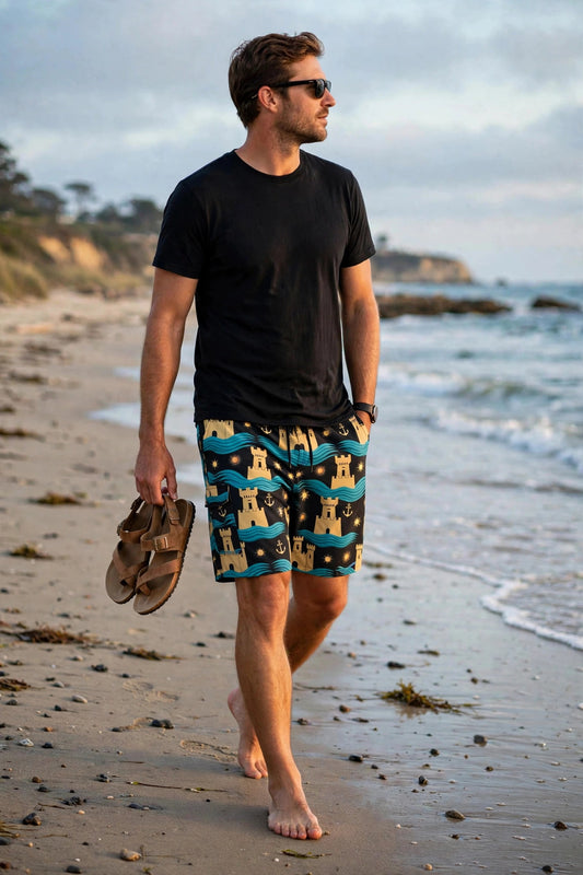 Man wearing the gold castle board shorts walking along a beach shoreline carrying sandals