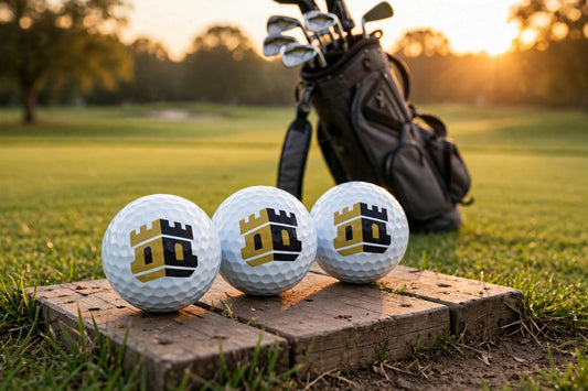 Blockhouse golf balls with gold and black tower logo on a wooden tee box with a golf bag at golden hour