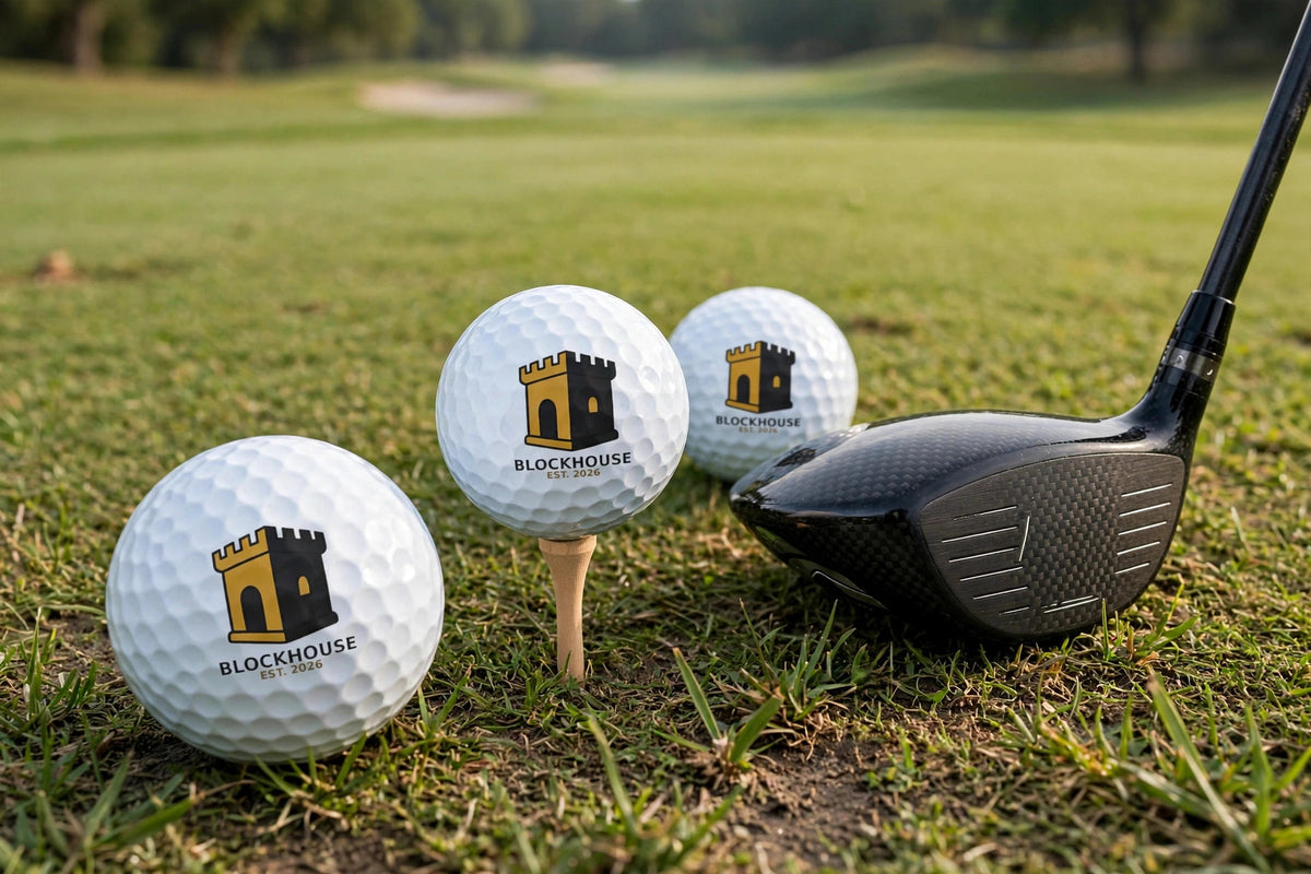 Blockhouse golf ball with tower and BLOCKHOUSE EST. 2026 print on a tee beside a driver on the fairway