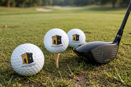 Blockhouse golf ball with tower and BLOCKHOUSE EST. 2026 print on a tee beside a driver on the fairway
