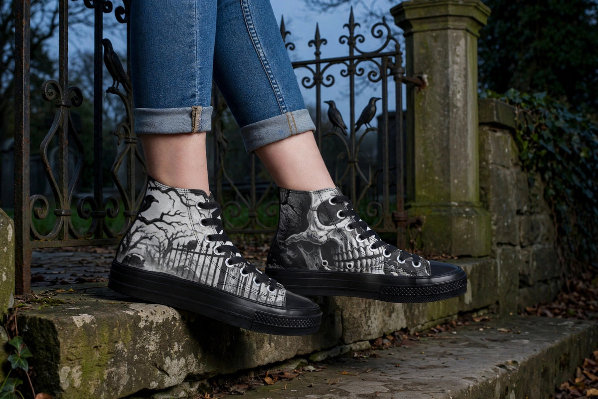 Graveyard Shift skull cemetery high-top sneakers worn by a model, side view, on stone steps by an iron cemetery gate - one shoe with a large grey skull, the other with bare trees, iron fence and a crow, black soles and laces