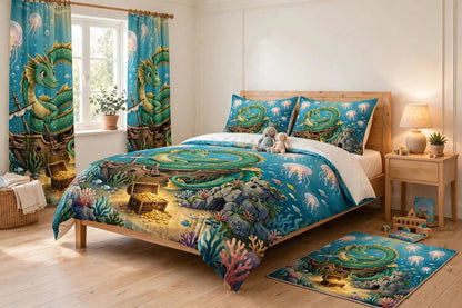 Guardian of the Reef complete bedroom set in a kids bedroom seen from a closer angle, with the printed duvet, pillow shams, curtains and rug