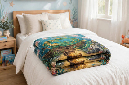 Guardian of the Reef blanket with green sea dragon artwork folded at the foot of a child's bed