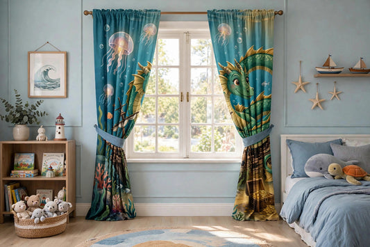 Guardian of the Reef curtains with sea dragon artwork drawn open in a child's bedroom