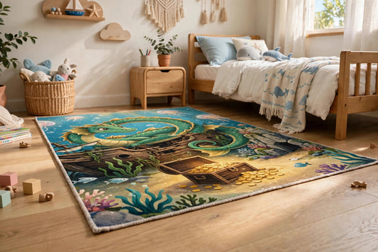 Guardian of the Reef flat-printed rug with sea dragon artwork on a child's bedroom floor, low angle