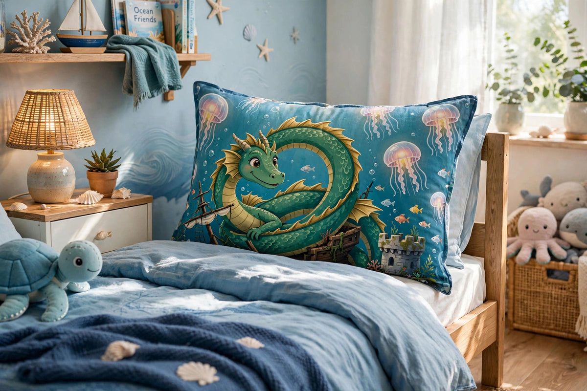 Guardian of the Reef pillow sham with sea dragon artwork propped on a child's bed, close view