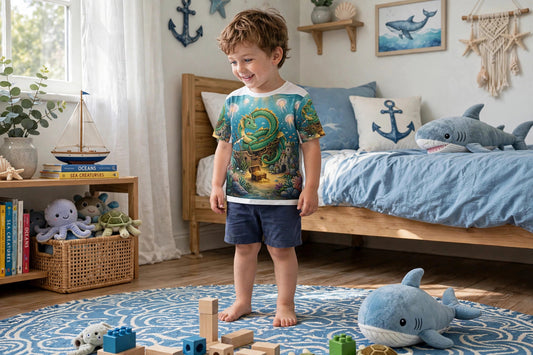 Child standing in a nautical bedroom wearing the Guardian of the Reef all-over print tee with sea dragon artwork