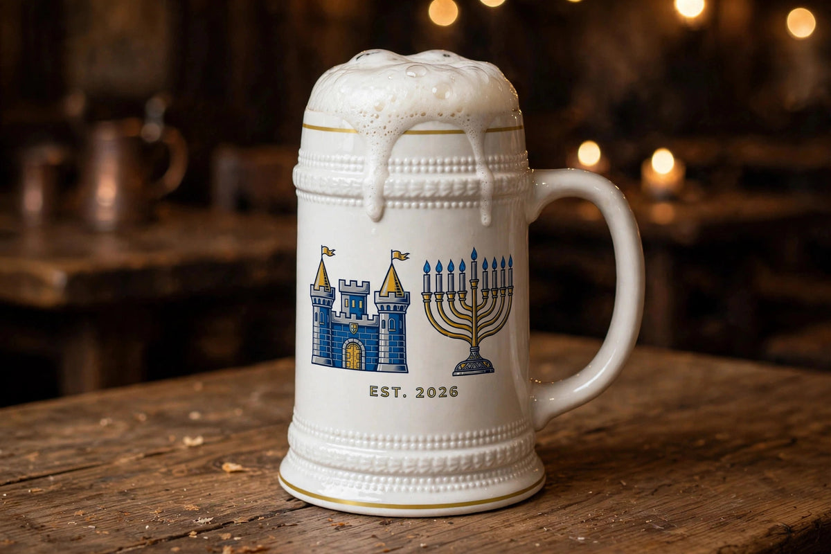 Hanukkah Castle beer stein filled with foaming beer on a tavern table, blue castle and menorah design with EST. 2026