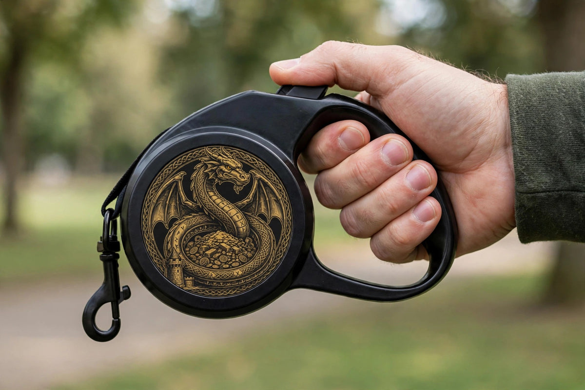 A close-up of a hand gripping the Hoard Coil retractable leash, showing the gold dragon design on the housing.