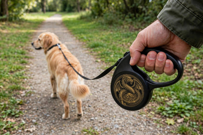 A hand holding the Hoard Coil retractable leash on a walk, with the gold dragon design on the leash housing and a dog ahead.