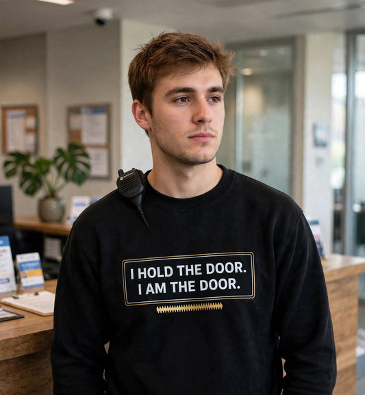 Young man modeling the black I Am The Door sweatshirt at an office reception, boxed print I HOLD THE DOOR. I AM THE DOOR. fully visible