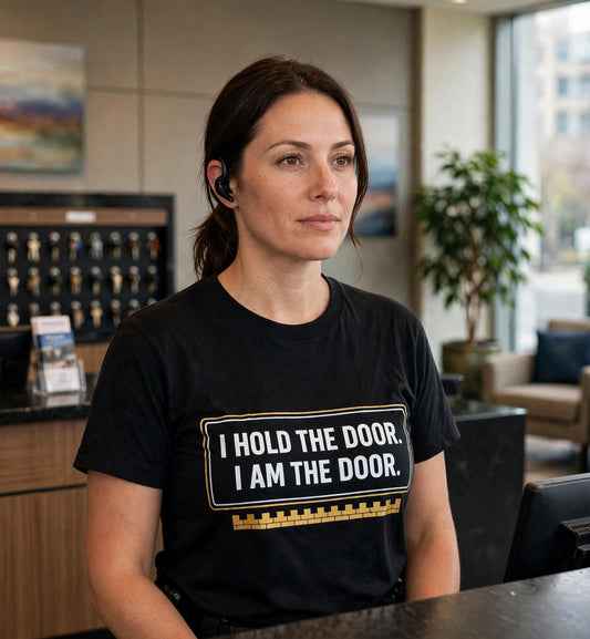 Woman modeling the black I Am The Door t-shirt in a hotel lobby, white text I HOLD THE DOOR. I AM THE DOOR. fully visible