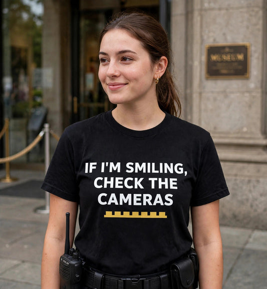 Woman modeling the black If I'm Smiling t-shirt at a museum entrance, white text IF I'M SMILING, CHECK THE CAMERAS fully visible