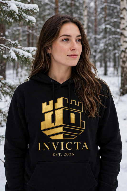 Woman wearing the black Invicta hoodie with gold castle tower logo in a snowy forest