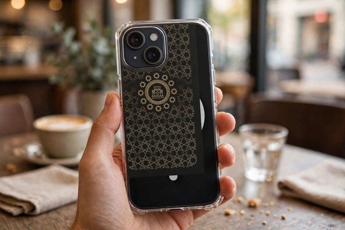 Islamic Geometric Tiles clear phone case held in hand at a cafe table